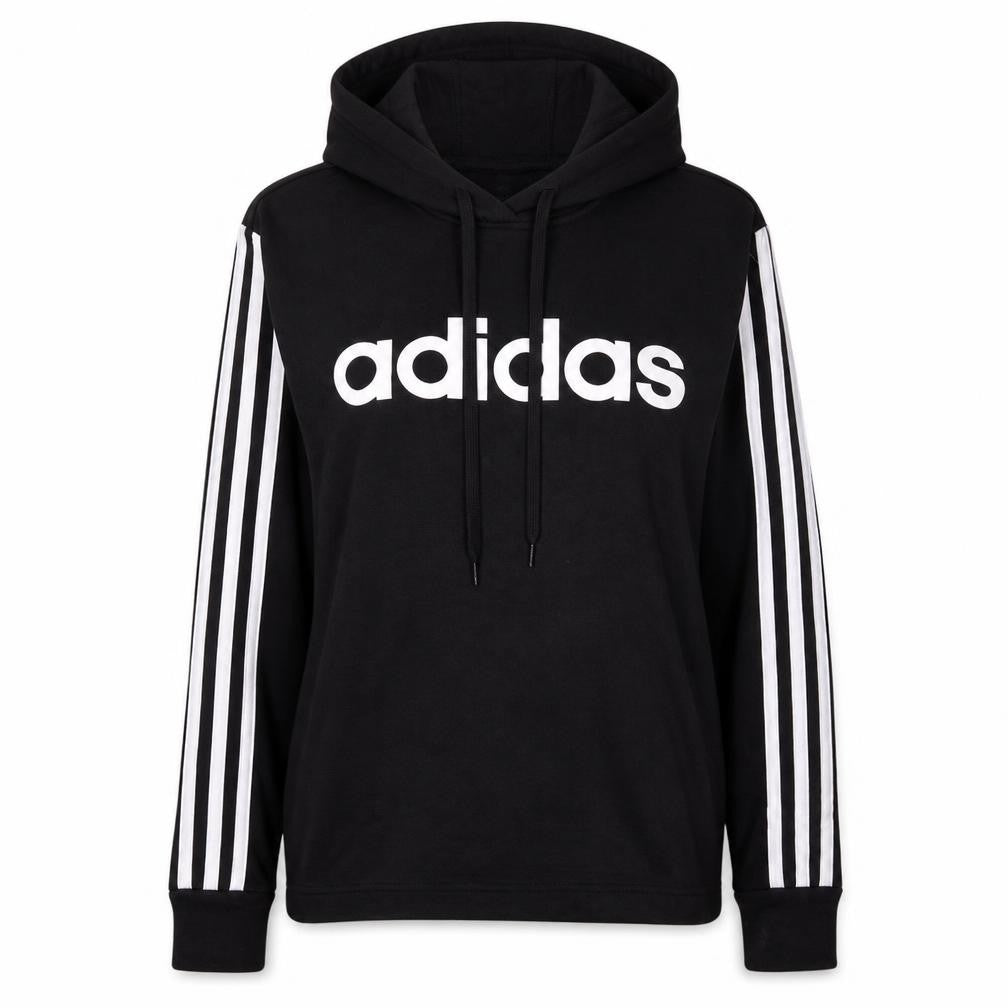 Front view of Adidas women’s black hoodie, size UK 12-14, pullover logo sportswear