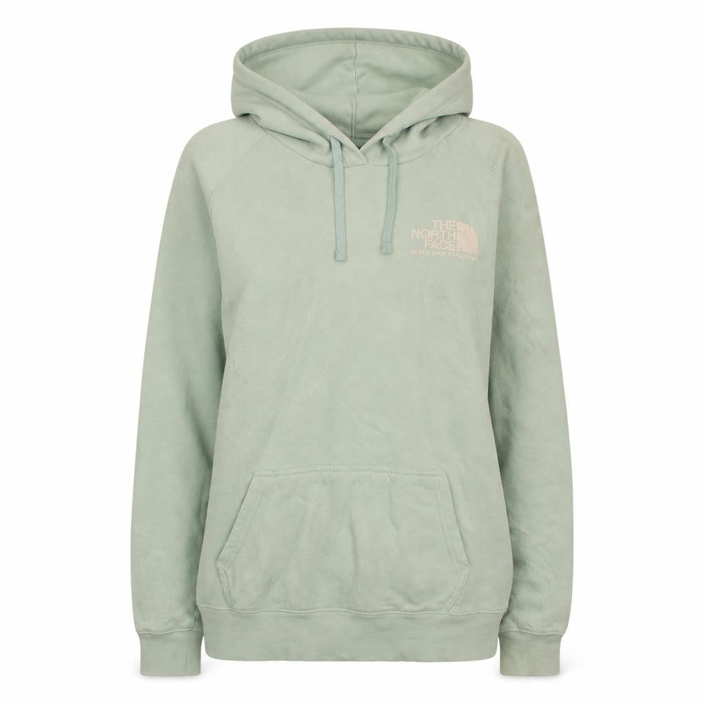 Front view of The North Face women’s green pullover hoodie, size L, relaxed fit