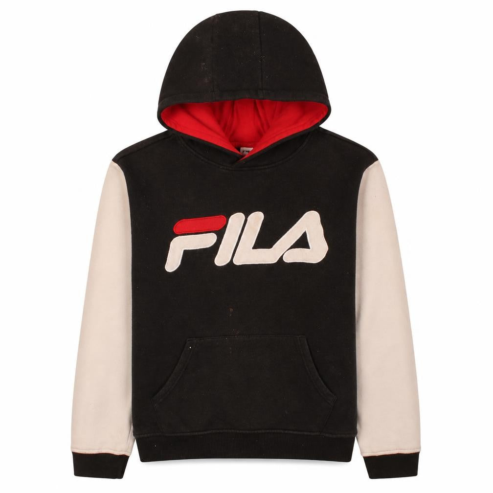 Front view of Fila boys’ black colourblock pullover hoodie, size 18/20, logo design