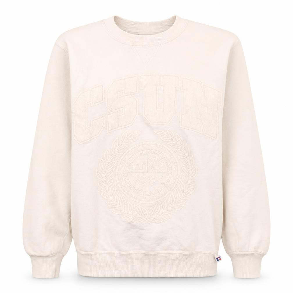 Front view of Russell Athletic Women Beige CSUN Pullover Sweatshirt, size S