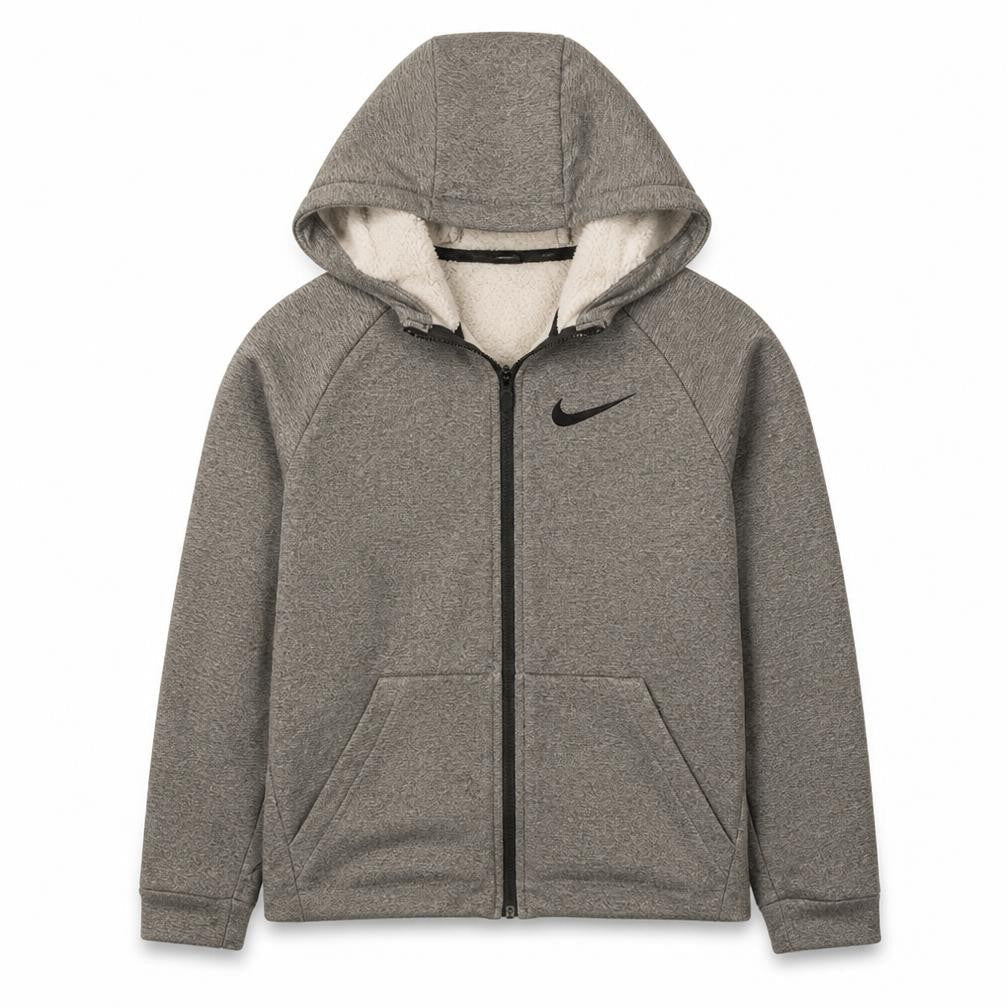 Front view of Nike boys’ grey xl full zip hoodie dri-fit sweatshirt 13-15 years
