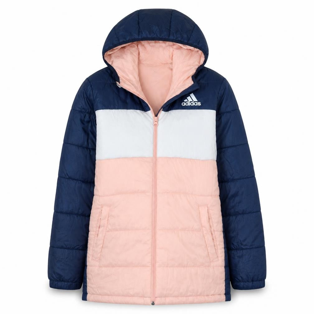 Front view of Adidas girls’ multicoloured puffer jacket hooded winter coat 13-14 years