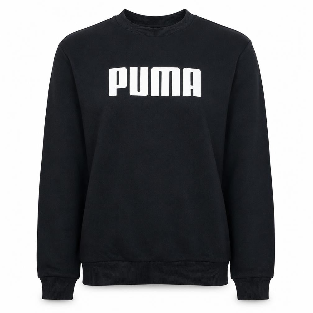 Front view of Puma women’s black, size UK 10, pullover sweatshirt crew neck logo jumper