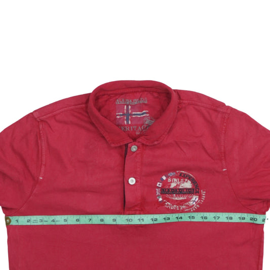 Napapijri Men's Red Heritage Polo Shirt Size M Cotton Logo Design