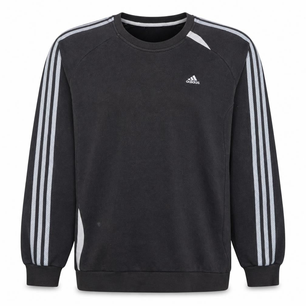 Front view of Adidas men’s black crew neck pullover sweatshirt, size L