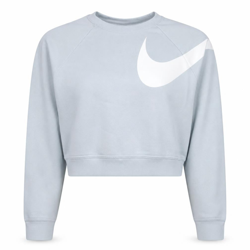 Front view of Nike women’s grey small cropped pullover sweatshirt dri-fit logo