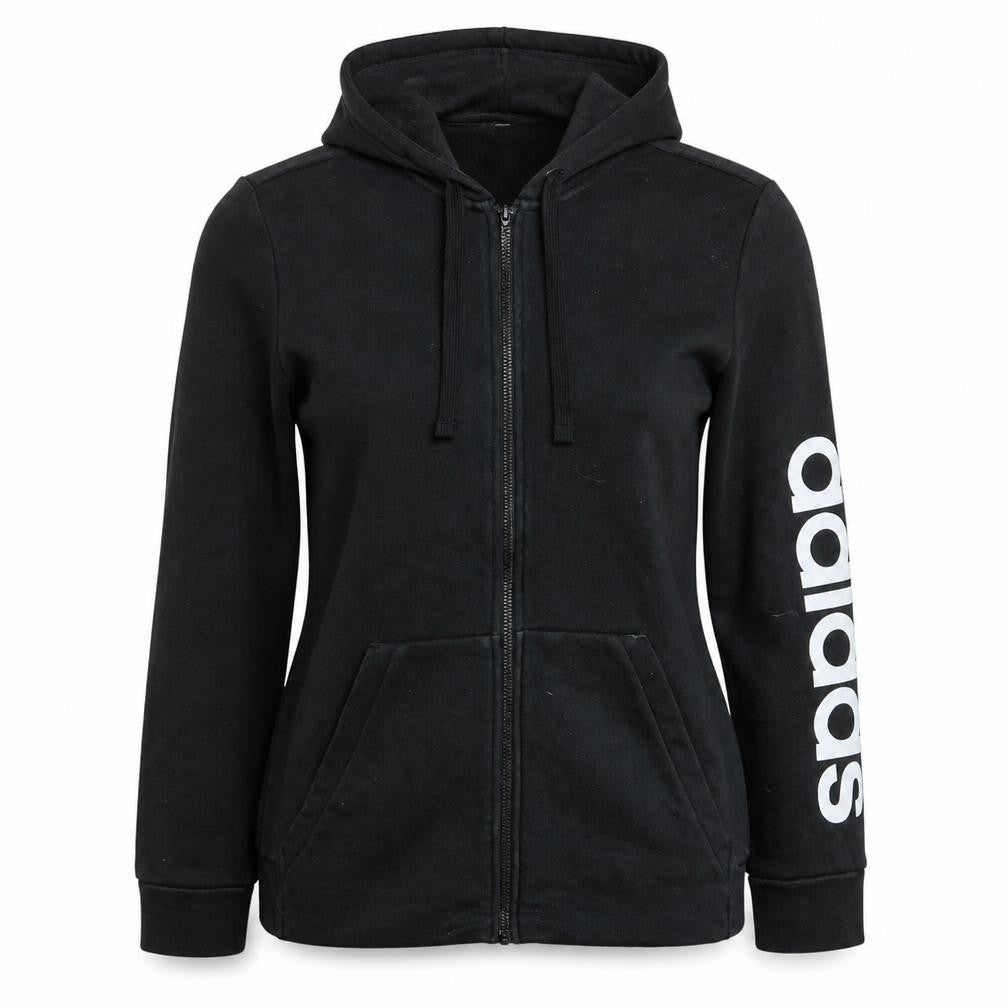 Adidas Womens Black Full Zip Hoodie Size L 16-18 Logo Sleeve