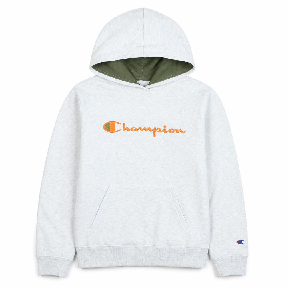 Front view of Champion women’s grey pullover hoodie large embroidered logo sweatshirt