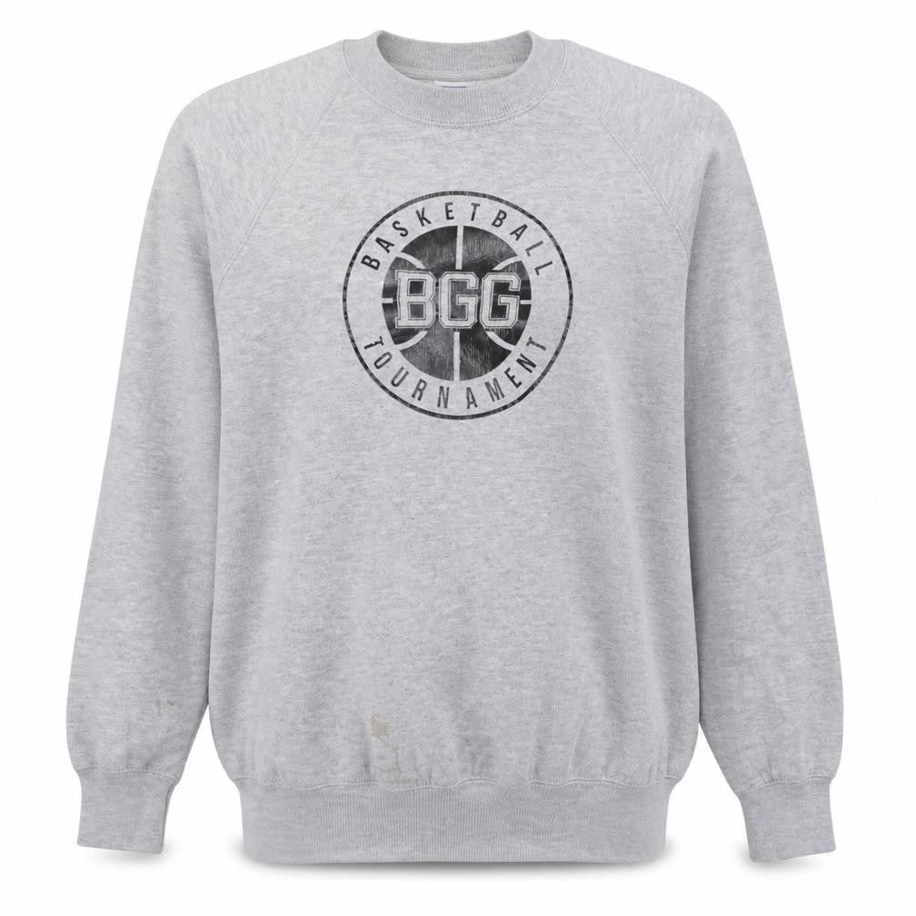 Front view of Russell men’s grey basketball tournament graphic sweatshirt l