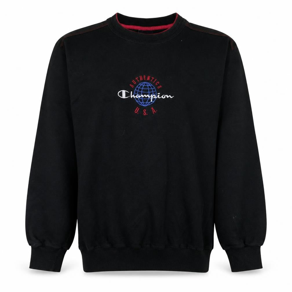 Front view of Champion Men's Black Large Pullover Sweatshirt USA Embroidered Vintage