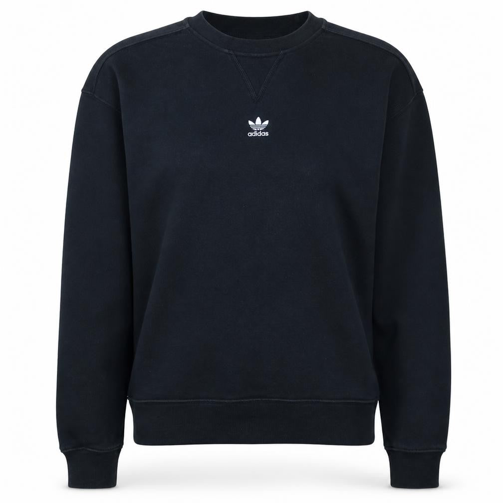 Front view of Adidas women’s black, size UK 8, crew neck pullover sweatshirt