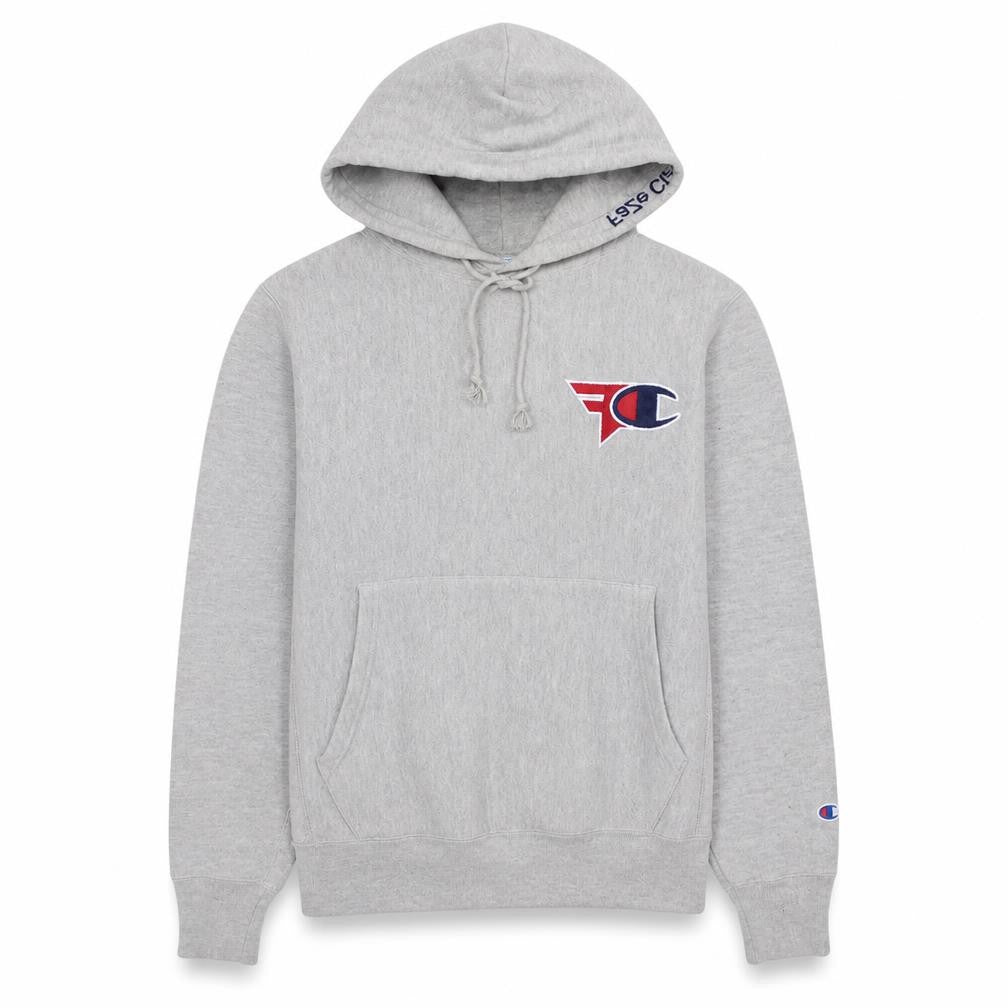 Front view of Champion Men's Grey Small Pullover Hoodie with Logo