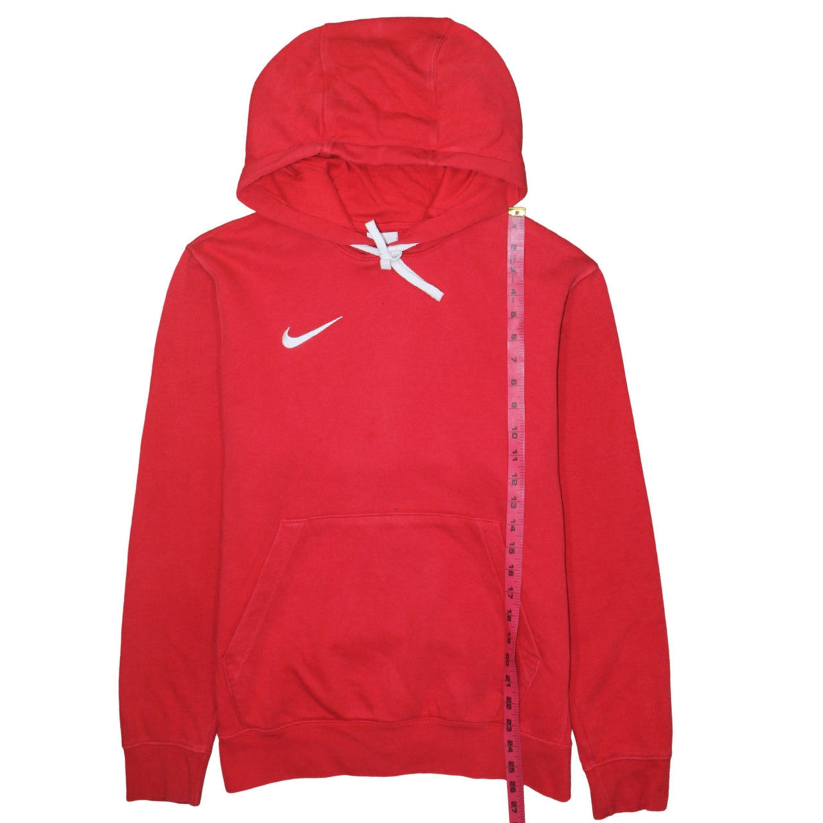 Close-up detail of Nike Men's Red Pullover Hoodie, size S, Sports Fleece Sweatshirt