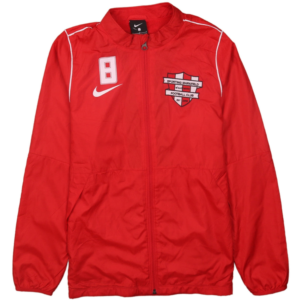 Additional front view of Nike boys’ red football track jacket, size L, 147-158cm full zip lightweight