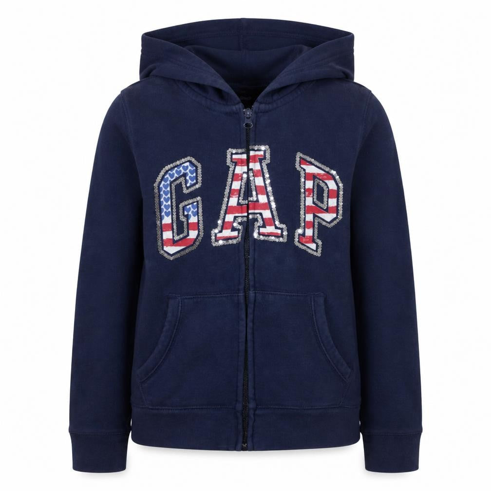 Front view of Gap girls’ blue sequin logo full zip hoodie - 12 years