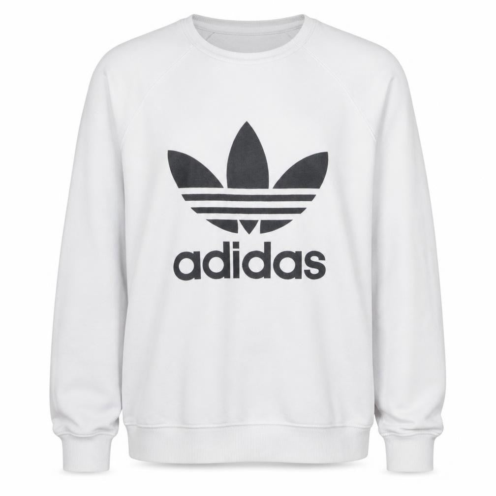 Front view of Adidas Men's White Crew Neck Logo Pullover Sweatshirt, size M