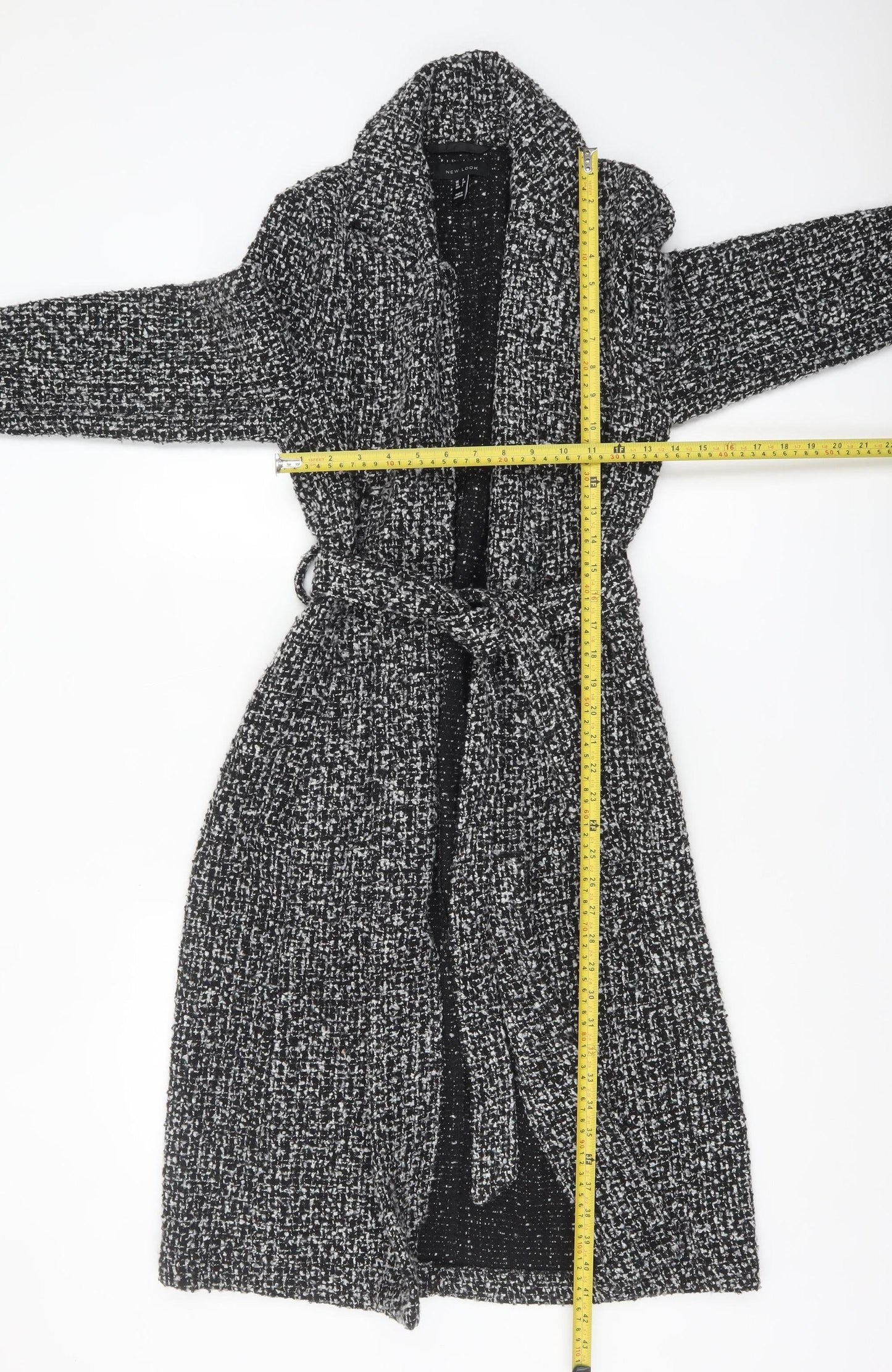 New Look Women’s Black Belted Long Tweed Coatigan Size 6