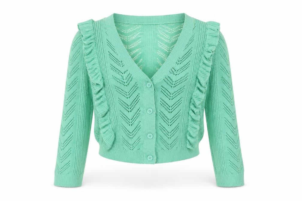 Hush Women's Green Ruffle Knit Cardigan Size S Open Knit Long Sleeve