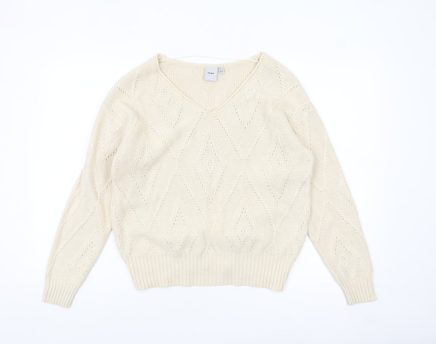 ICHI Women Ivory V-Neck Knit Pullover Jumper XS
