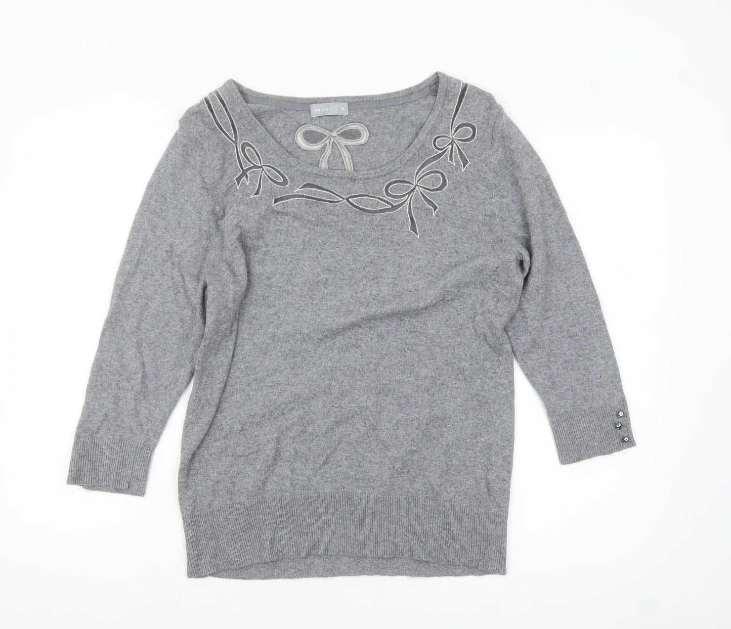 Marks and Spencer Women’s Grey 3/4 Sleeve Bow Knit Jumper Size 16