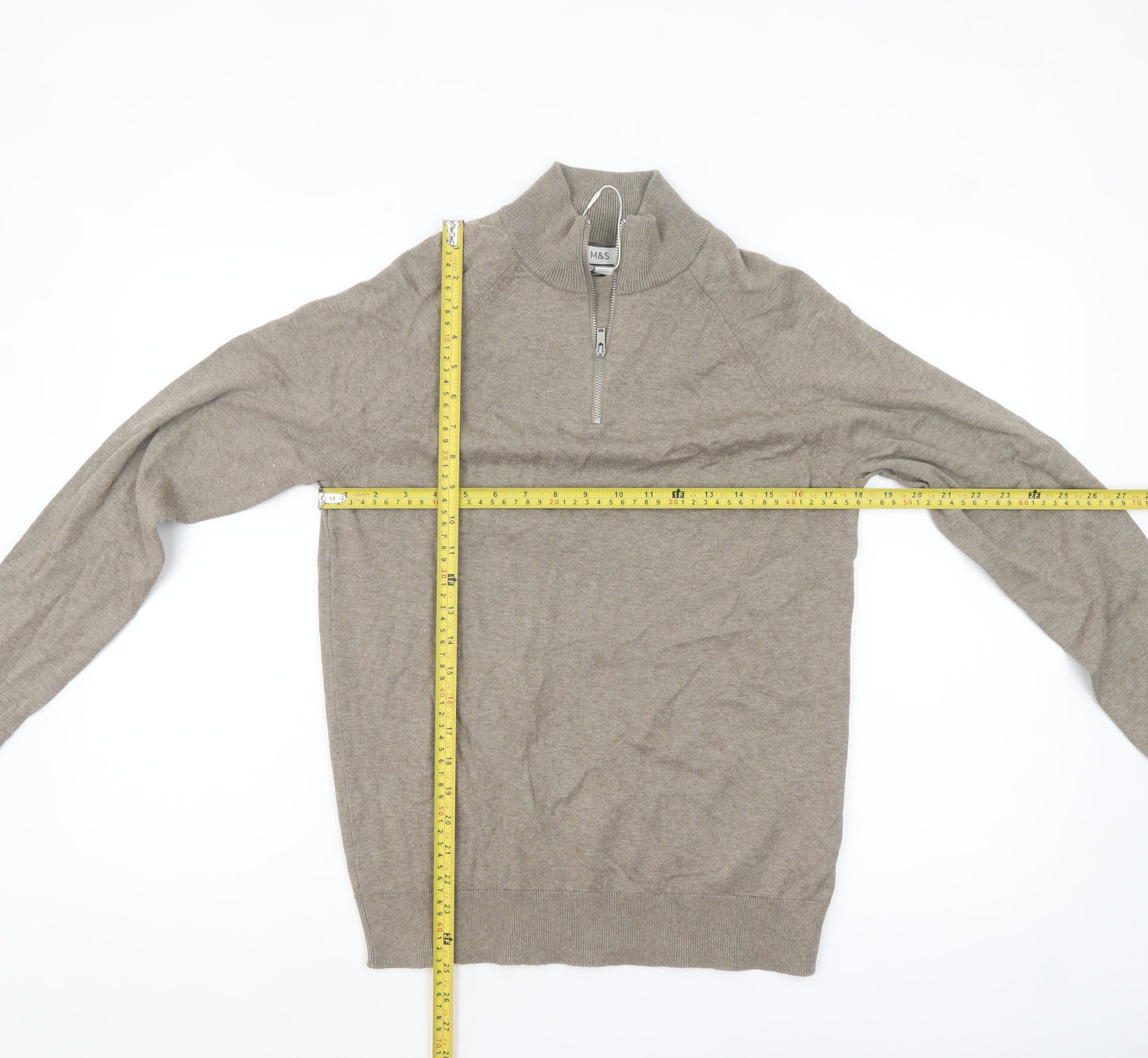 Marks and Spencer Men's Beige Cotton 1/2 Zip Jumper Size S Regular
