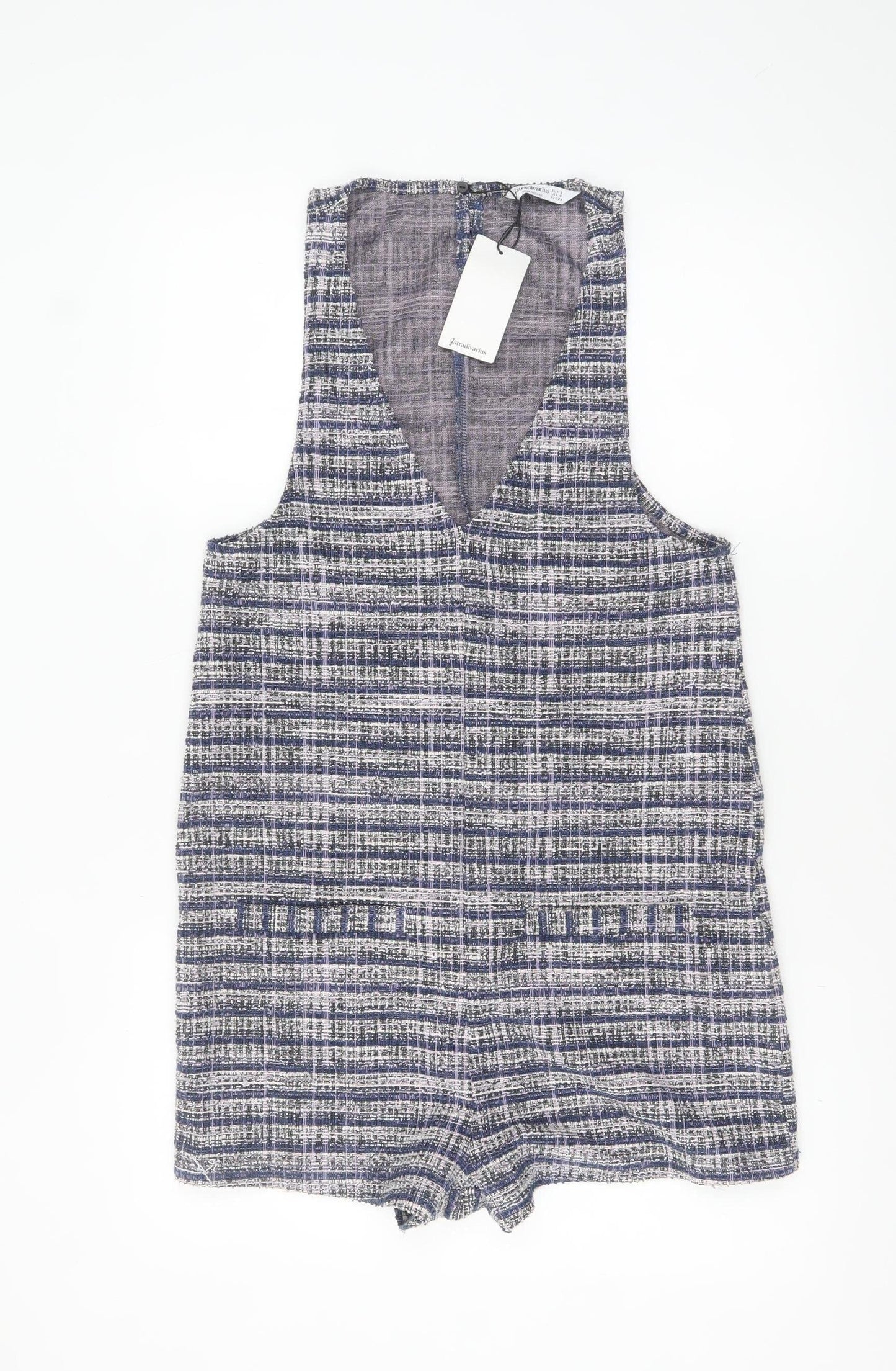 Stradivarius Women Blue Tweed Sleeveless V-Neck Playsuit Size S