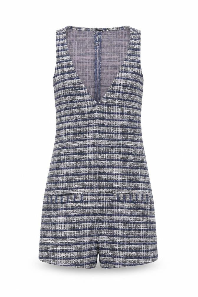 Stradivarius Women Blue Tweed Sleeveless V-Neck Playsuit Size S