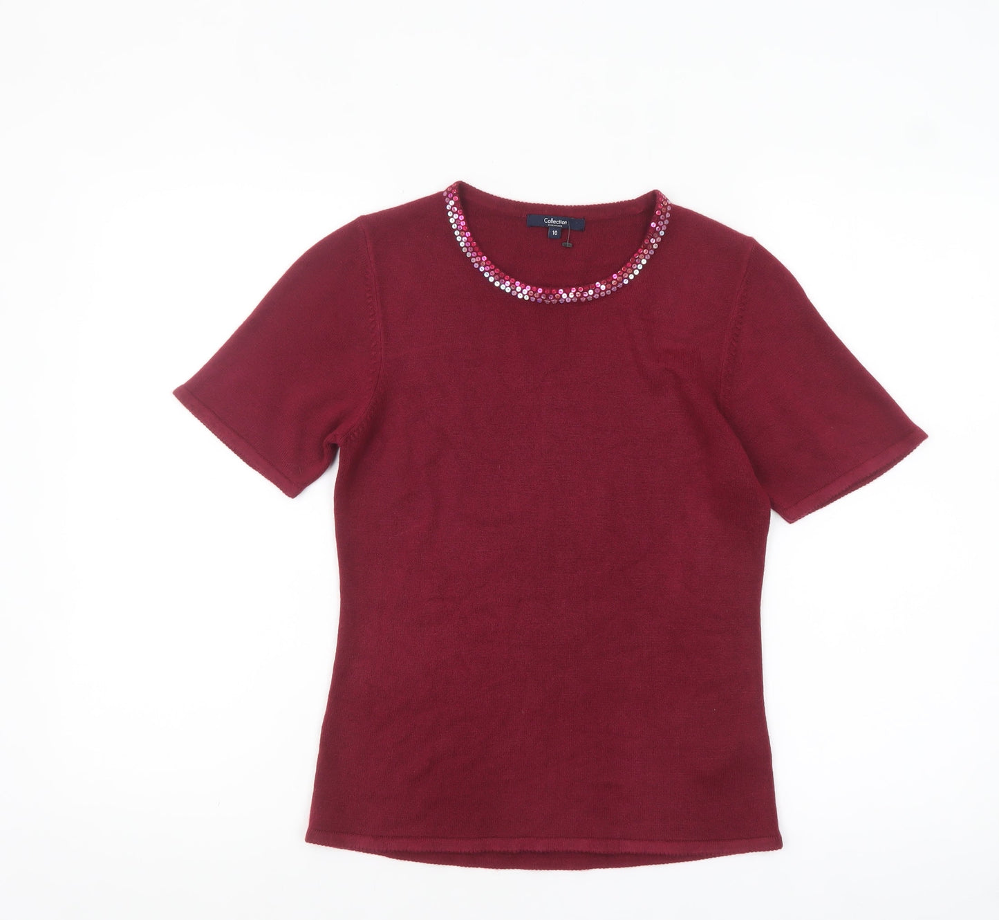 Debenhams Women Red Sequin Crew Neck Short Sleeve Jumper Size 10