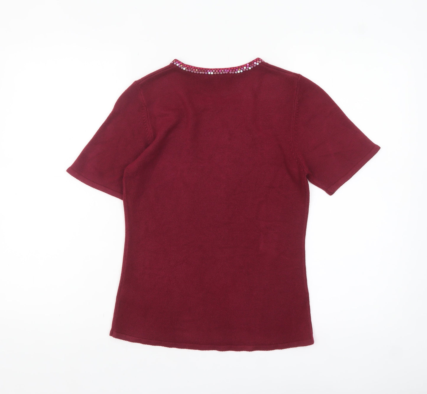 Debenhams Women Red Sequin Crew Neck Short Sleeve Jumper Size 10