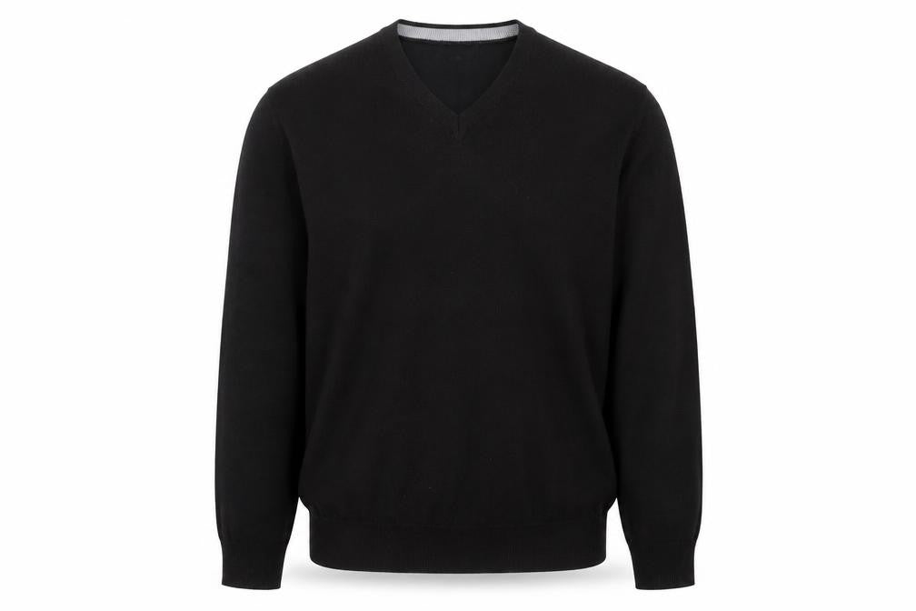 Front view of Blazer Men's Black V-Neck jumper, size M, Classic Knit