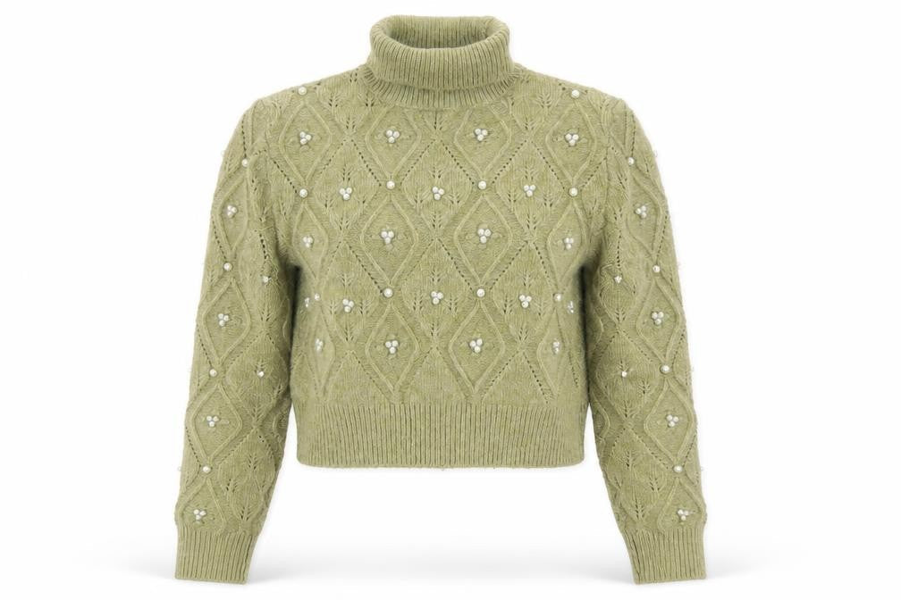 Front view of Zara Women Green Roll Neck Beaded Cable-Knit Jumper, size 12