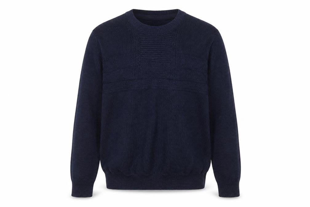 Front view of FCUK Men's Blue Cotton Knit Crew Neck jumper, size M
