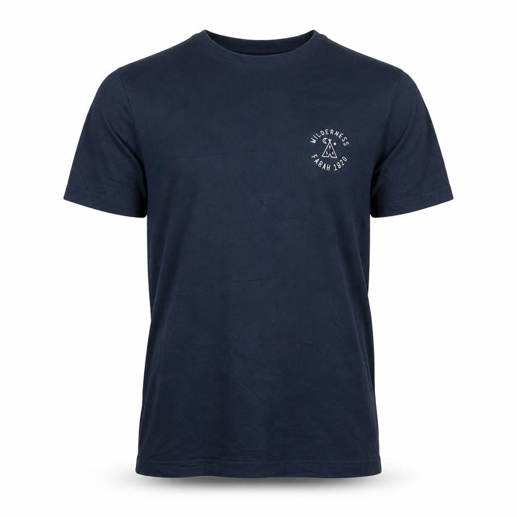 Front view of Farah Men’s Blue Crew Neck Cotton T-Shirt, size M, Classic Fit