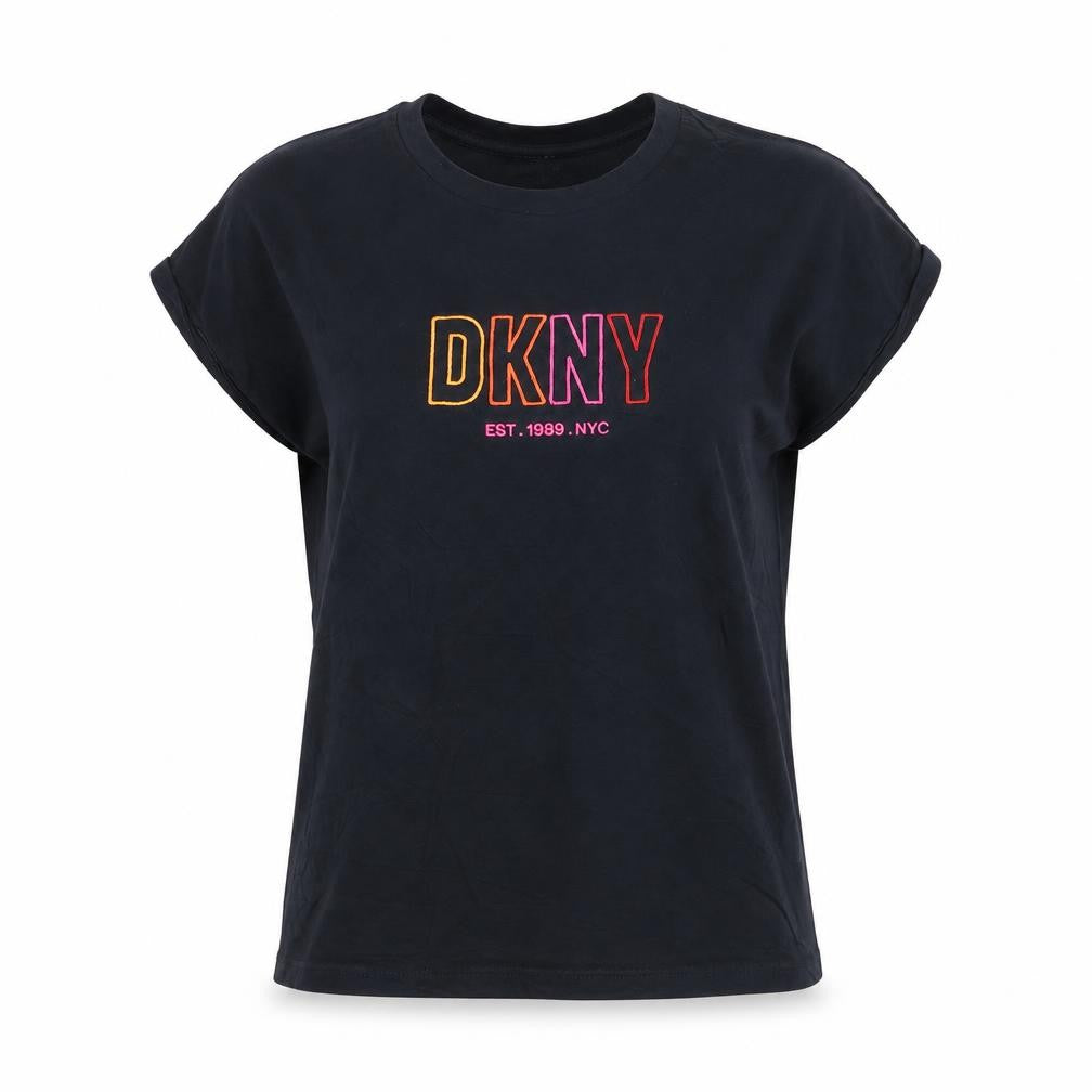 Front view of DKNY Women's Black XS Basic Cotton Blend Embroidered T-Shirt