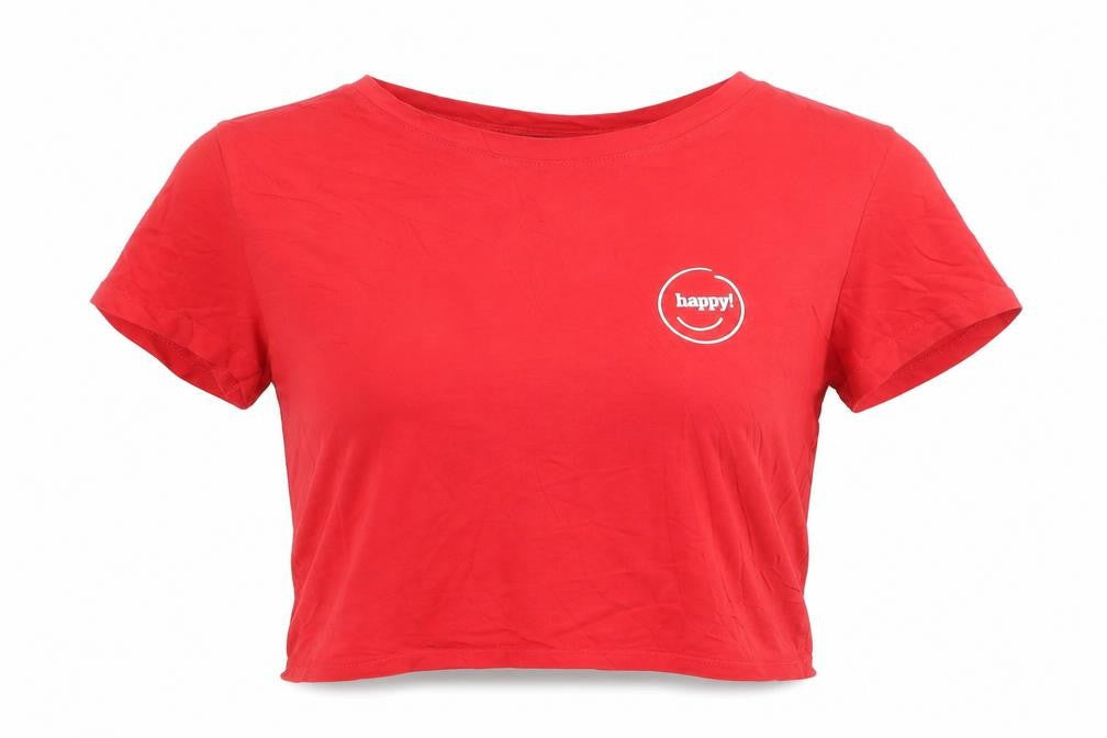 Front view of Monki women’s red cropped t-shirt medium cotton crew neck casual