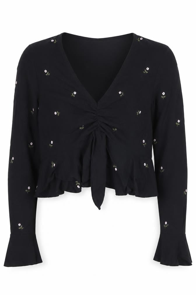 Front view of Topshop Women’s Black Floral Embroidered Cropped Long Sleeve Blouse, size UK 10