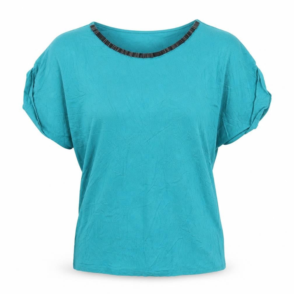 Front view of Marks & Spencer Per Una Blue Beaded Neck Women’s, size UK 18, Jersey T-Shirt