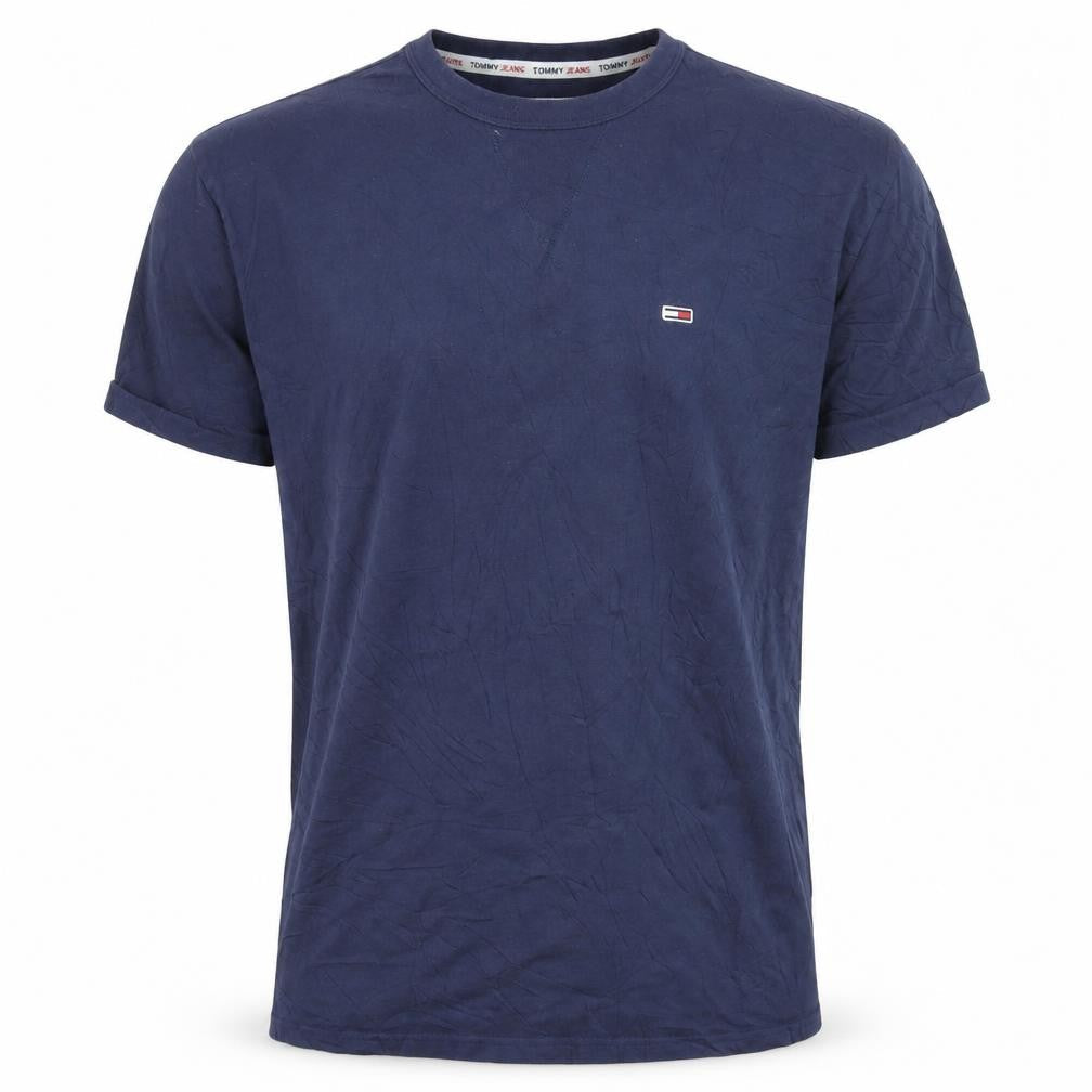 Front view of Tommy Jeans Men's Blue Cotton Crew Neck T-Shirt, size L