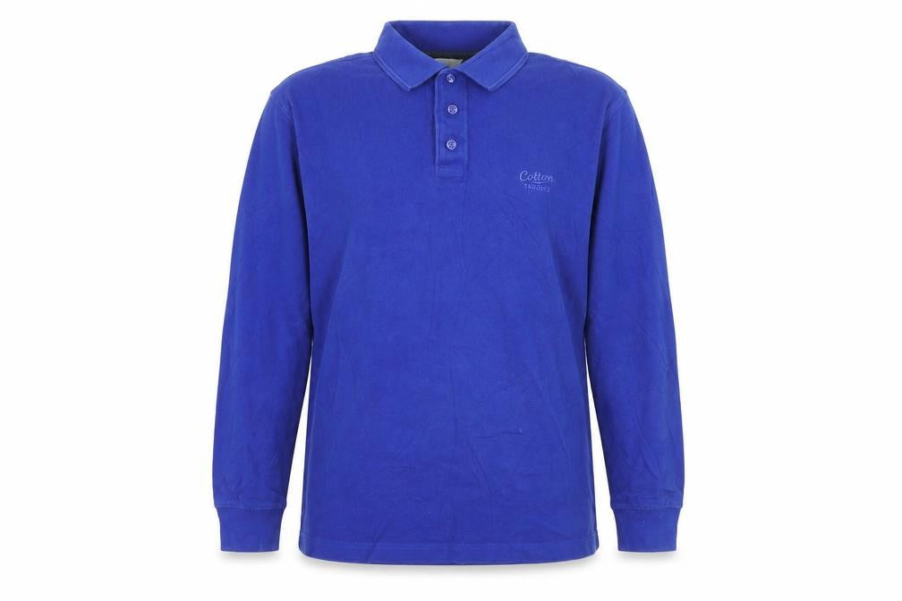 Front view of Cotton Traders boys’ blue long sleeve polo shirt m 100% cotton