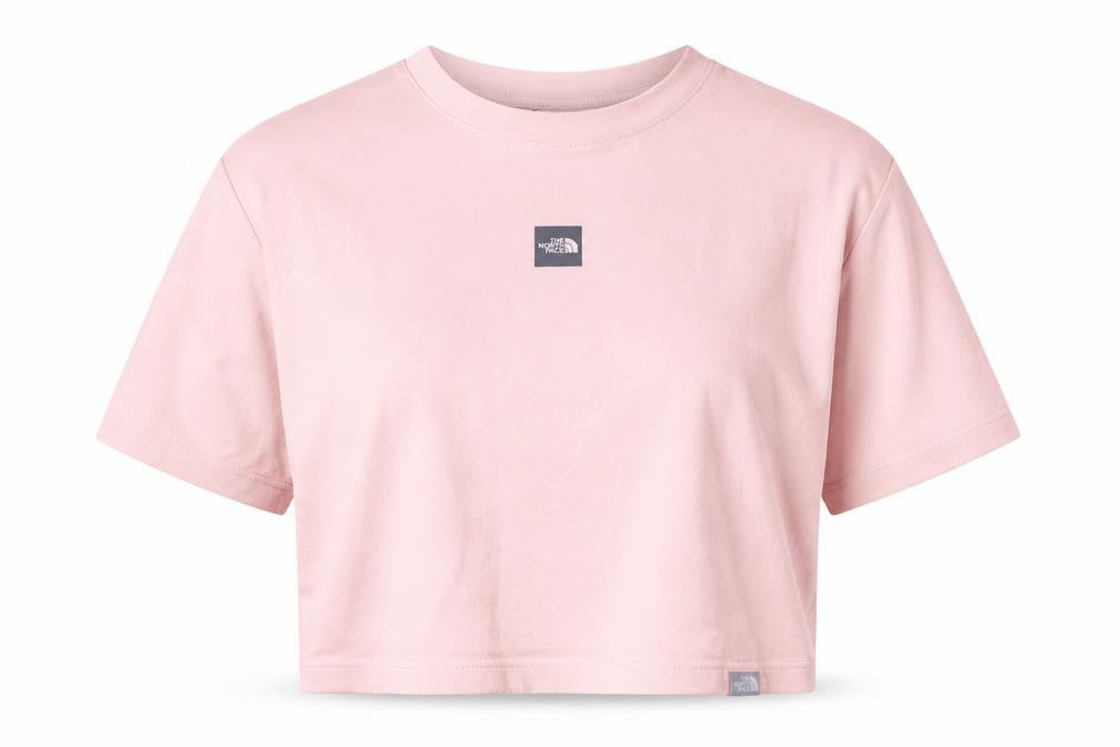 Front view of The North Face women’s pink cotton cropped t-shirt, size M