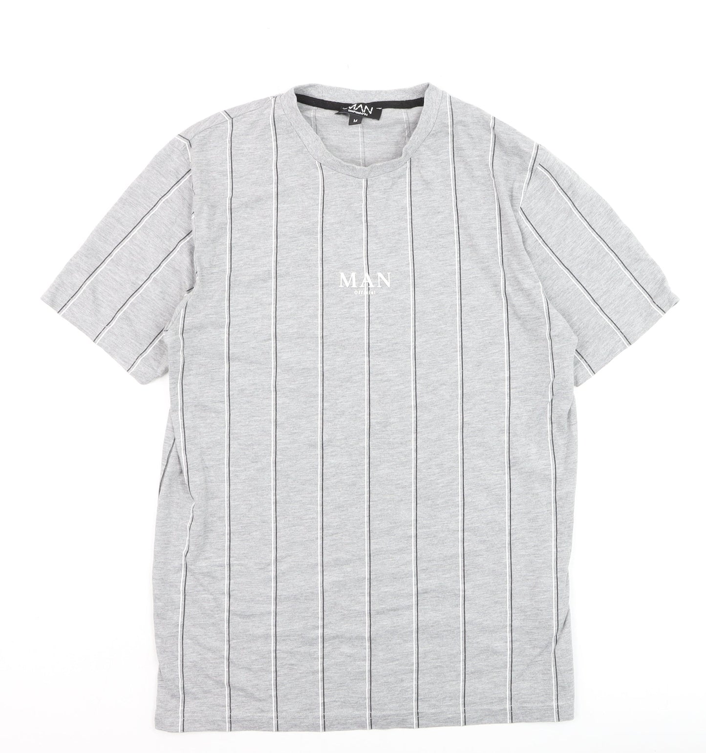 boohooMAN Unisex Grey Striped Basic T-Shirt Size M Crew Neck