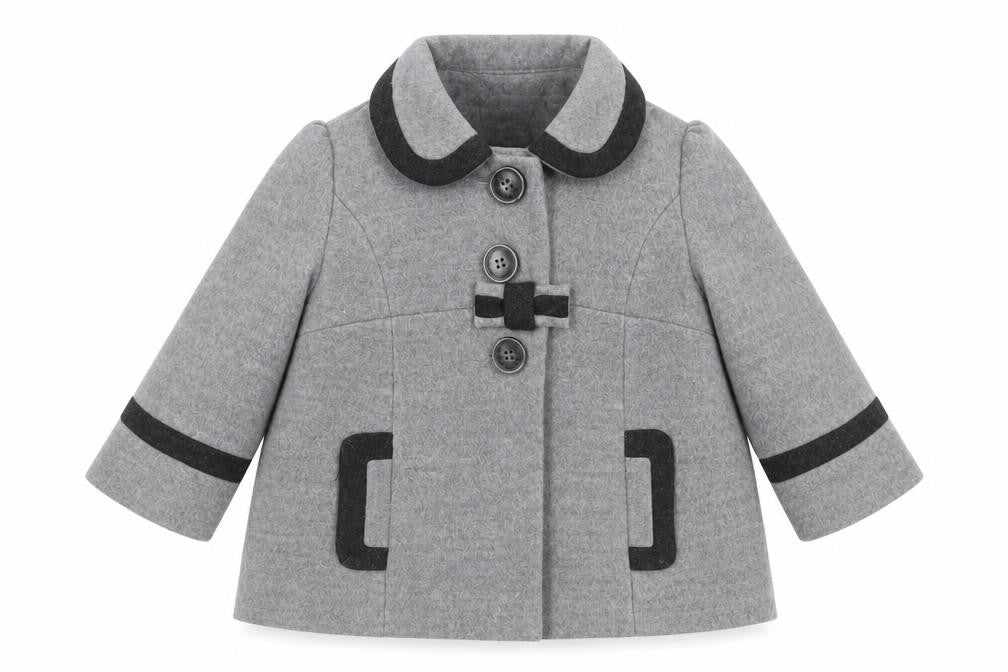 Front view of Next girls’ grey mid-length bow trim wool look coat 2xs 3-6 months