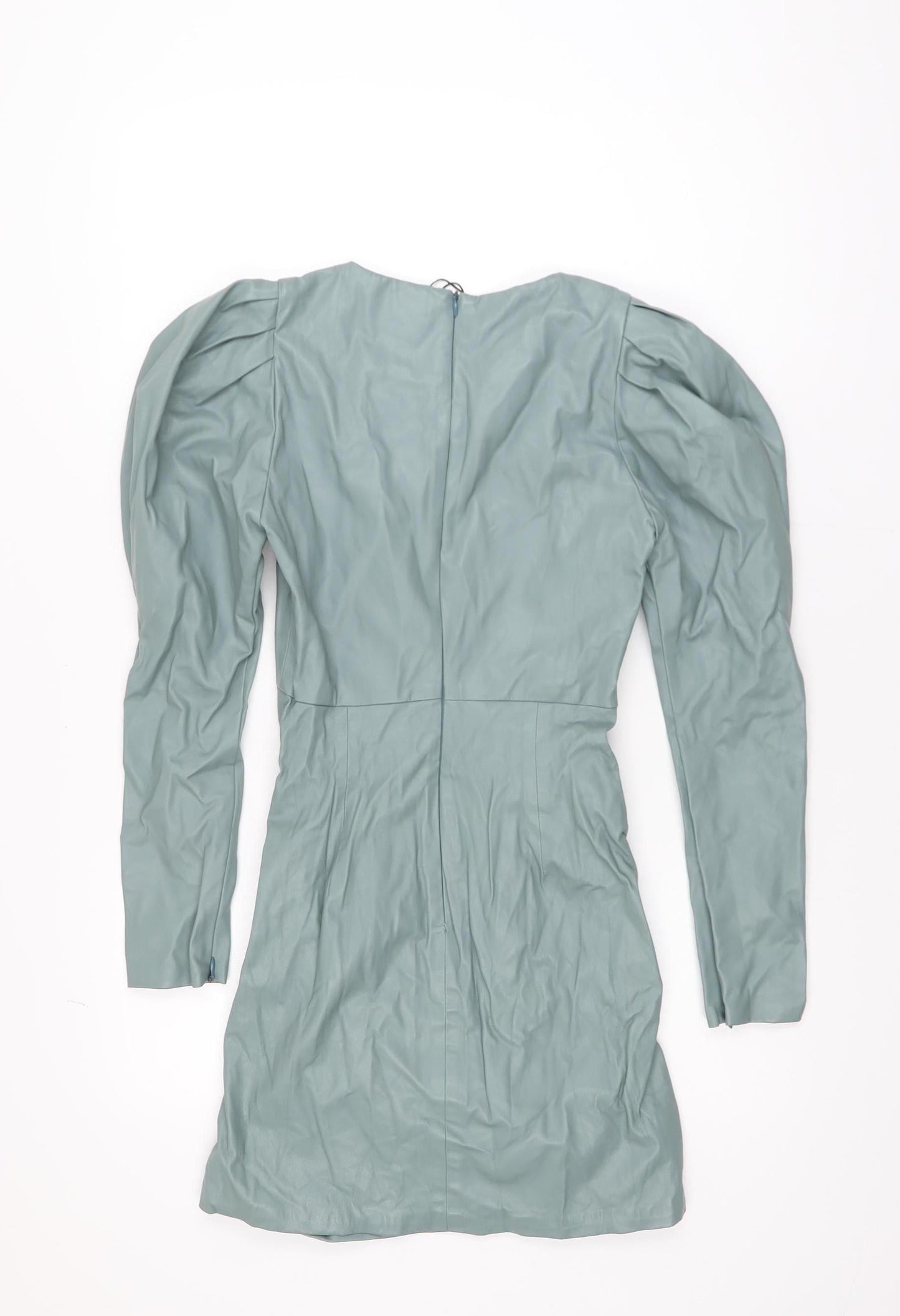 ZARA Women Green XS Bodycon Puff Sleeve Ruched Short Dress