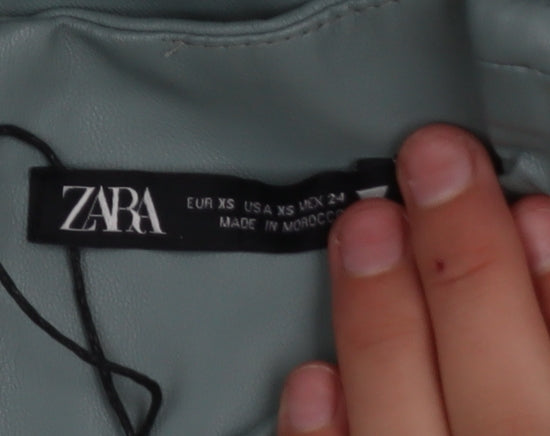 ZARA Women Green XS Bodycon Puff Sleeve Ruched Short Dress
