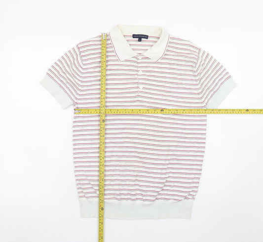 French Connection Men's White Striped Cotton Polo Shirt L