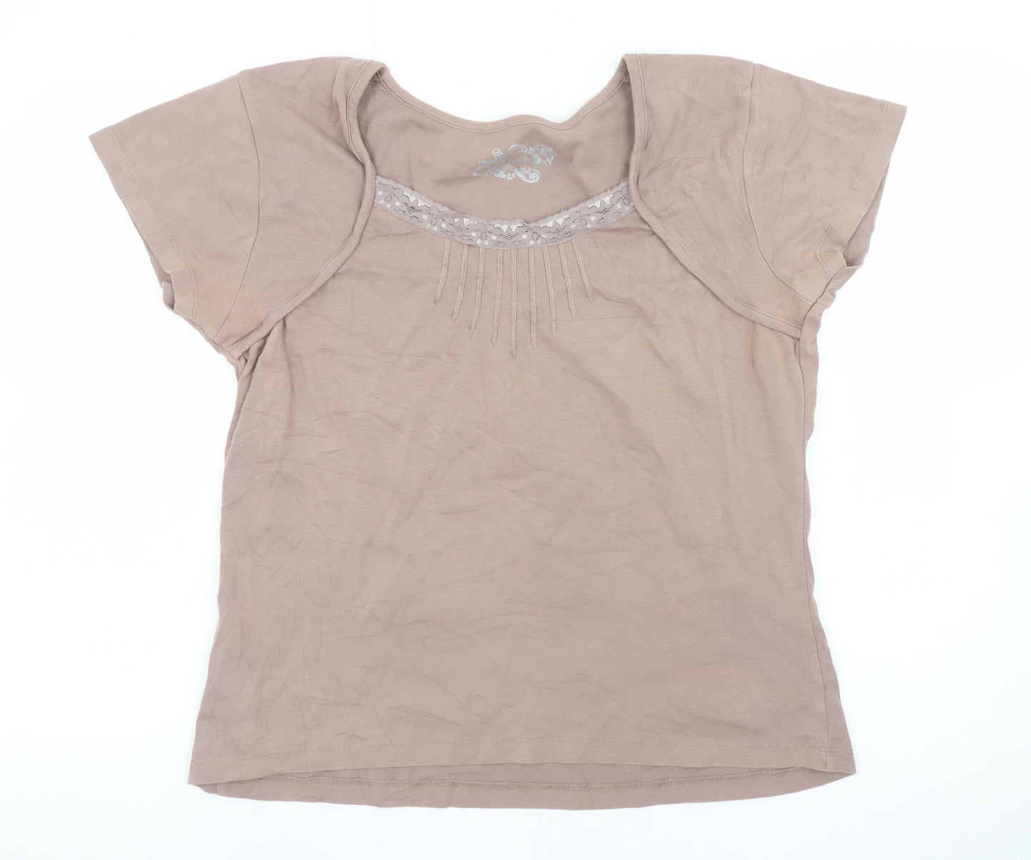 M&Co Women’s Brown XL Cotton Lace Trim Short Sleeve T-Shirt