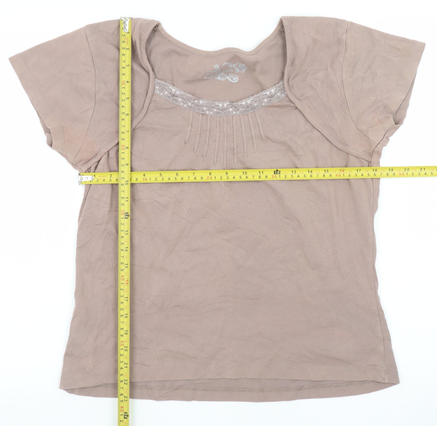 M&Co Women’s Brown XL Cotton Lace Trim Short Sleeve T-Shirt