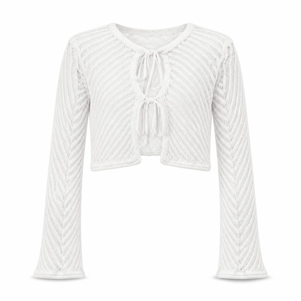 River Island Women White Open-Knit Tie Front Cardigan Size 6