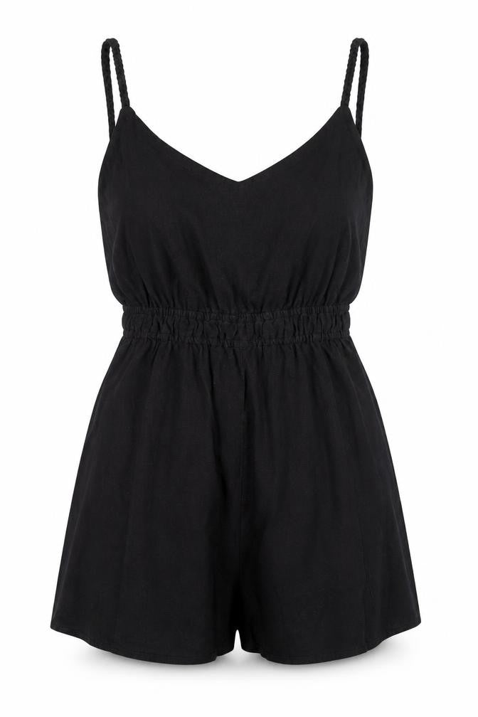 Front view of Zara Women Black Sleeveless Playsuit, size S, Elastic Waist Cutout Back