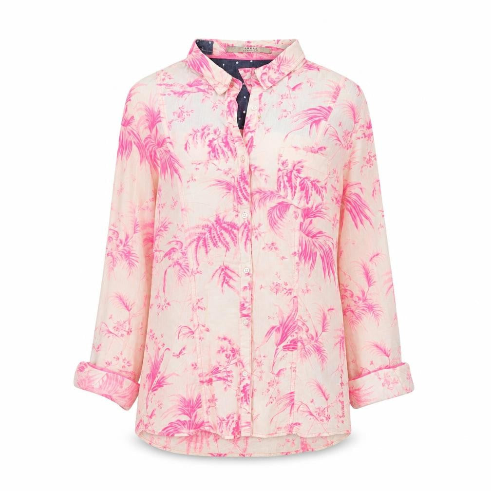 Front view of Guess Women's Pink Tropical Floral Cotton Button-Up Shirt, size 6